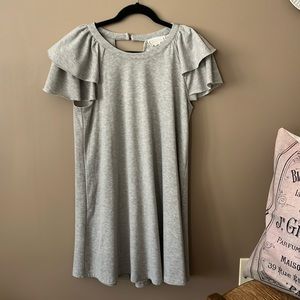 Love Riche Gray Dress with Flutter Sleeves. Perfect for a Casual Spring Outing.
